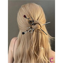 Cinderella 2'li Gothic Siyah Kırmızı Gül Metal Topuz Saç Tokası 17CM - Hediyelik Çin Japon Tarz Çubuk Toka