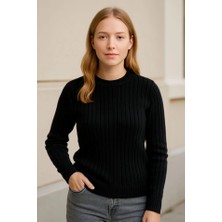 Equri Bisiklet Yuvarlak Yaka Triko Kazak Pamuklu Kalın Fitilli Dokuma, Regular Fit Uzun Kollu Kışlık Model - Siyah