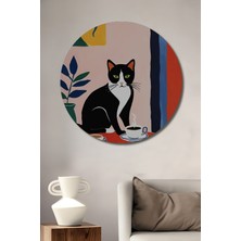 Teona Ahşap Sulu Boya Görünümlü Bohem Sanat Kedi ve Kahve Tablosu Ahşap Dekoratif Tablo Yuvarlak Tablo