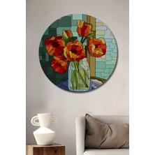 Teona Ahşap Kırmızı Lale Çiçekleri Ahşap Dekoratif Tablo Sulu Boya Görünümlü Sanat Eseri Yuvarlak Tablo