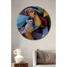 Teona Ahşap Kadın ve Kedi Modern Sanat Yağlı Boya Görünümlü Ahşap Dekoratif Tablo Yuvarlak Tablo