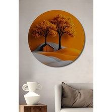 Teona Ahşap Turuncu Yağlı Boya Görünümlü Ahşap Dekoratif Tablo Ev ve Ağaçlar Modern Sanat Eseri Yuvarlak Tablo