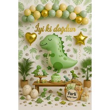 Parti Hediye Sepeti Dinozor Temalı Doğum Günü Balon Süsleme Seti Yeşil Gold | Retro Dinozor Folyo Kalp ve Yıldız Dahil