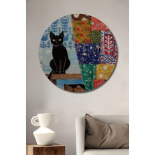 Teona Ahşap Siyah Kedi Patchwork Desenli Yağlı Boya Görünümlü Ahşap Dekoratif Tablo Yuvarlak Tablo