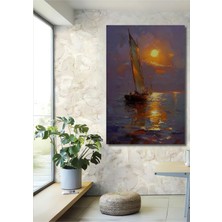 Teona Ahşap Günbatımında Denizde Yağlı Boya Görünümlü Ahşap Dekoratif Tablo Modern Sanat Eseri Dikdörtgen Tablo