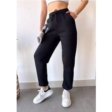 Schlank Kadın Siyah Kışlık Kalın Içi Polarlı Yüksek Bel Paçası Lastikli Basic Jogger Eşofman Altı