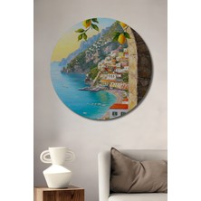Teona Ahşap Limonlu Sahil Manzarası Yağlı Boya Görünümlü Ahşap Dekoratif Tablo Yuvarlak Tablo