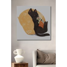 Teona Ahşap Sevimli Kara Kedi Kitap Kahve Zamanı Sulu Boya Görünümlü Ahşap Dekoratif Tablo Dikdörtgen Tablo