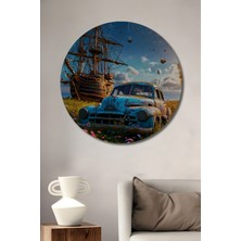 Teona Ahşap Düşler Vadisinde Yatan Gemi ve Araba Yağlı Boya Görünümlü Ahşap Dekoratif Tablo Yuvarlak Tablo