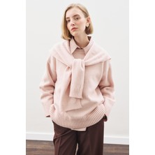 Manuka Kare Yaka Bağlamalı Triko Atkı Pembe