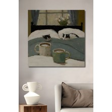 Teona Ahşap Birlikte Sıcak Sabahlar Yağlı Boya Görünümlü Kedi ve Kahve Ahşap Dekoratif Tablo Dikdörtgen Tablo