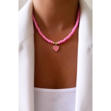Liveyn Design Pembe Cam Boncuk Kalp Uçlu Kolye