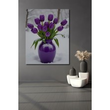 Teona Ahşap Mor Lale Buketi Kış Manzarası Sulu Boya Görünümlü Dekoratif Ahşap Tablo Dikdörtgen Tablo