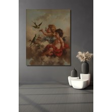 Teona Ahşap Sevimli Melekler ve Kuşlarla Yağlı Boya Görünümlü Ahşap Dekoratif Tablo Dikdörtgen Tablo
