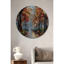 Teona Ahşap Sonbahar Parkı Yağlı Boya Görünümlü Ahşap Dekoratif Tablo Yuvarlak Tablo