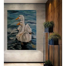 Teona Ahşap Beyaz Ördekler Yağlı Boya Görünümlü Ahşap Dekoratif Tablo Dikdörtgen Tablo