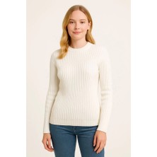 Sosostyle Bisiklet Yuvarlak Yaka Triko Kazak Pamuklu Kalın Fitilli Dokuma, Regular Fit Uzun Kollu Kışlık Model - Beyaz