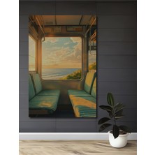 Teona Ahşap Gün Batımında Tren Penceresinden Deniz Manzarası Yağlı Boya Görünümlü Ahşap Tablo Dikdörtgen Tablo
