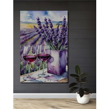Teona Ahşap Lavanta Tarlası ve Şarap Kadehi Sulu Boya Görünümlü Ahşap Dekoratif Tablo Dikdörtgen Tablo