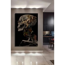 Teona Ahşap Kafa Iskeleti Üzerine Melek ve Şeytan Kompozisyonu Yağlı Boya Görünümlü Ahşap Tablo Dikdörtgen Tablo