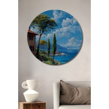 Teona Ahşap Akdeniz Sahili Yağlı Boya Görünümlü Ahşap Dekoratif Tablo Yuvarlak Tablo