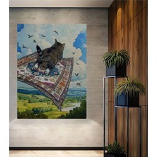 Teona Ahşap Uçan Halı Kedi Sulu Boya Görünümlü Dekoratif Ahşap Tablo Dikdörtgen Tablo