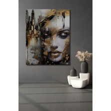 Teona Ahşap Altın Vuruşlar Modern Kadın Yüzü Yağlı Boya Görünümlü Dekoratif Ahşap Tablo Dikdörtgen Tablo