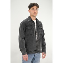 Souris Erkek Siyah Yıkamalı Kot Ceket Rahat Kalıp Gömlek Yaka Kapaklı Çift Cep