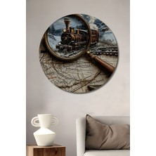 Teona Ahşap Ahşap Dekoratif Tablo Buharlı Tren Yağlı Boya Görünümlü Klasik Sanat Yuvarlak Tablo