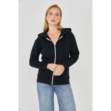 Trendhill Kadın Tam Fermuarlı Kapüşonlu Pamuklu Eşofman Üstü Siyah 9508-S