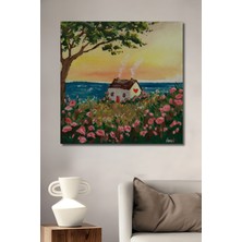 Teona Ahşap Romantik Sahildeki Ev Sulu Boya Görünümlü Ahşap Dekoratif Tablo Dikdörtgen Tablo