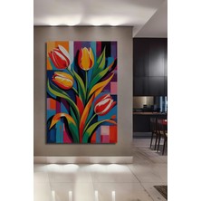 Teona Ahşap Canlı Lale Esintisi Yağlı Boya Görünümlü Modern Sanat Ahşap Dekoratif Tablo Dikdörtgen Tablo