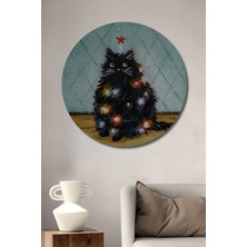 Teona Ahşap Kapkara Noel Kedisi Yağlı Boya Görünümlü Ahşap Dekoratif Tablo Yuvarlak Tablo