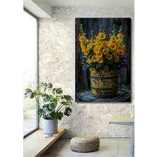 Teona Ahşap Sarı Çiçekler Ahşap Varilde Yağlı Boya Görünümlü Dekoratif Ahşap Tablo Dikdörtgen Tablo