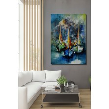 Teona Ahşap Mavi Denizde Yağlı Boya Görünümlü Tekneler Ahşap Dekoratif Tablo Dikdörtgen Tablo