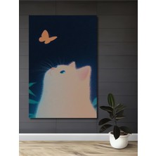 Teona Ahşap Sevimli Kedi ve Kelebek Yağlı Boya Görünümlü Ahşap Dekoratif Tablo Dikdörtgen Tablo