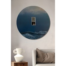 Teona Ahşap Deniz Kenarında Pencereden Bakan Kadın Yağlı Boya Görünümlü Ahşap Dekoratif Tablo Yuvarlak Tablo