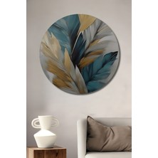 Teona Ahşap Altın Yaldızlı Tüyler Yağlı Boya Görünümlü Ahşap Dekoratif Tablo Yuvarlak Tablo