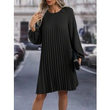 Arben Boutique Kadın Uzun Kollu Yuvarlak Yaka Pileli Salaş Mini Ithal Krep Elbise