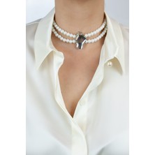 Liveyn Design Çift Sıralı Cam Inci Büyük Kristal Taşlı Choker Kolye