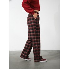 Domoda Ekoseli Flanel Yüksek Bel Pijama Altı Rahat Kesim Geniş Paça Pamuklu Kadın Pantolon