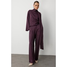 Mizalle Pilise Detaylı Bordo Saten Dökümlü Pantolon