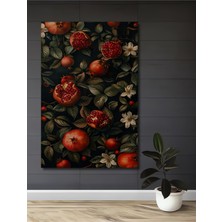 Teona Ahşap Koyu Fonlu Nar ve Çiçek Yağlı Boya Görünümlü Dekoratif Ahşap Tablo Dikdörtgen Tablo