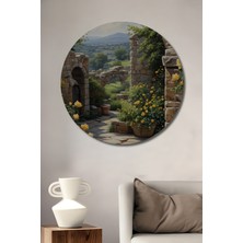 Teona Ahşap Sarı Güllerle Kaplı Taş Kemeri Yağlı Boya Görünümlü Dekoratif Ahşap Tablo Yuvarlak Tablo