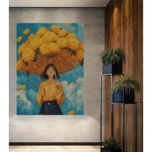 Teona Ahşap Sarı Çiçek Şemsiye Altında Kız Yağlı Boya Görünümlü Dekoratif Ahşap Tablo Dikdörtgen Tablo