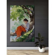 Teona Ahşap Ağaçta Kitap Okuyan Kız Sulu Boya Görünümlü Dekoratif Ahşap Tablo Dikdörtgen Tablo
