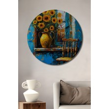 Teona Ahşap Ayçiçeği Vazo ve Sandalye Yağlı Boya Görünümlü Ahşap Dekoratif Tablo Yuvarlak Tablo