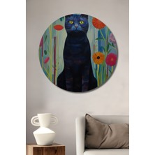 Teona Ahşap Siyah Kedi ve Canlı Çiçekler Yağlı Boya Görünümlü Ahşap Dekoratif Tablo Yuvarlak Tablo