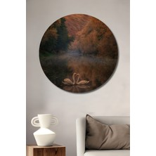 Teona Ahşap Romantik Kuğular ve Sonbahar Ormanı Yağlı Boya Görünümlü Ahşap Dekoratif Tablo Yuvarlak Tablo