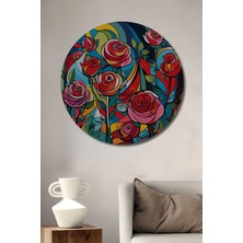 Teona Ahşap Canlı Renkler Gül Buketi Yağlı Boya Görünümlü Ahşap Dekoratif Tablo Yuvarlak Tablo